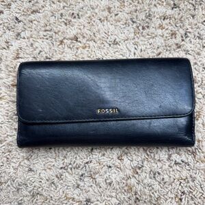 Fossil Billfold Wallet Large Black Leather Card Holder Checkbook